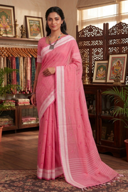Pink Saree with White and Magenta Border and Butis