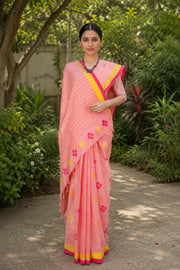 Pink Peach Saree with Red and Yellow Border and Butis