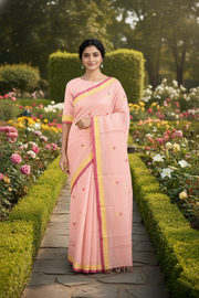 Peach Saree with Buti and Red, Yellow Border