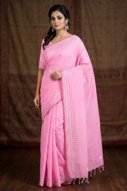Pink Saree with Red and White Striped Border and Butis