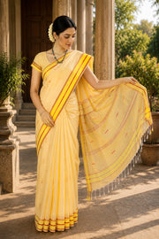 Golden Saree with Yellow and Red Border and Lined Butis