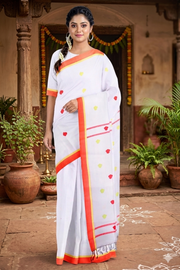 White Saree with Yellow and Orange Border and Butis