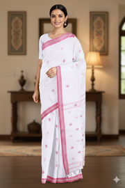 White Saree with Beige and Magenta Border and Butis