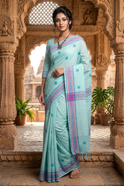 Green Saree with Magenta and Blue Border and Butis