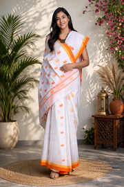 White Saree with Yellow and Orange Border and Butis