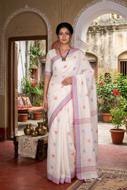 Off White Saree with Blue and Red Border and Butis