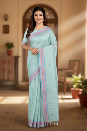 Sea Green Saree with Butis and Multi Border