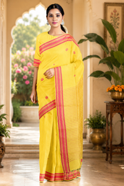 Lemon Yellow Saree with Magenta Border and Butis