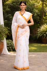 White Saree with Yellow and Orange Border and Butis