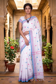 White Saree with Blue and Magenta Border and Butis