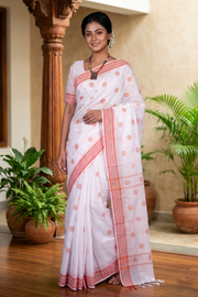 White Saree with Yellow and Coral Border and Butis