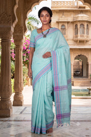 Green Saree with Magenta, White and Blue Border and Lined Butis