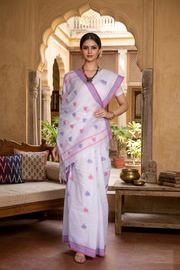 White Saree with Purple and Red Border and Butis