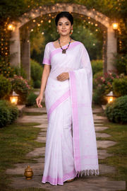 White Saree with Ultra Pink Border and Butis
