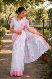 White Saree with Melon and Cerise Red Border and Butis