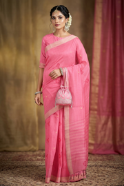 Bubblegum Pink Saree with Cream Border and Butis