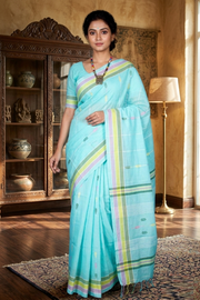 Cyan Saree with White, Green, Yellow and Purple Border and Lined Butis