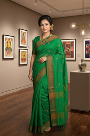 Green Saree with Red Border and Magenta and Yellow Butis