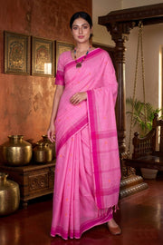 Pink Saree with Magenta Border and Yellow Butis