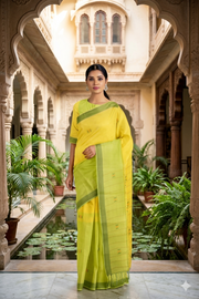 Yellow, Green Saree with Butis and Green Border