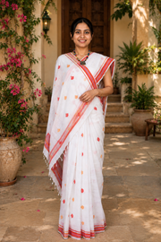 White Saree with Red and Peach Border and Butis
