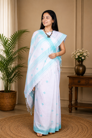White Saree with Blue Border and Butis