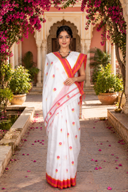 White Saree with Magenta, Yellow and Red Border and Butis