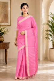 Pink Saree with Butis and Cream Border