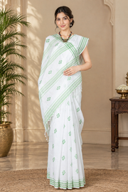 White Saree with Green Border and Butis