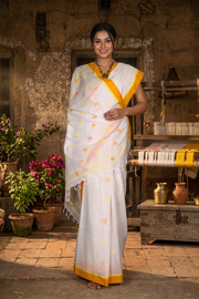 White Semi Hand Spun Hand Woven Saree with Yellow and Orange Border and Butis