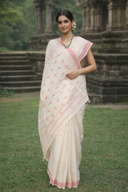 Off White Hand Spun Hand Woven Saree with Pastel Red Border and Butis