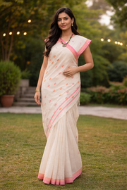 Off White Hand Spun Hand Woven Saree with Red and Yellow Border and Butis