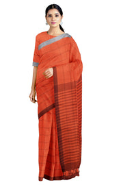Monarch Orange Mercerised Saree with Blue and Brown Checks and Border