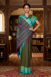 Brown Saree with Pastel and Aqua Green Border