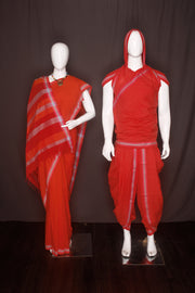 Red Aahar Joda with Pink and Grey Border