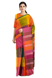 Multi Colour Mercerised Check Saree with Green Border