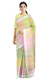 Multi Colour Mercerised Check Saree with White and Fern Green Border