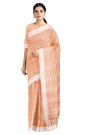 Peach Orange Mercerised Saree with White Checks and Border