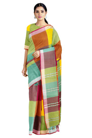 Multi Colour Mercerised Check Saree with White and Red Border