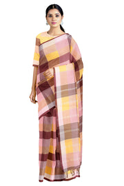 Multi Colour Mercerised Check Saree with White and Grape Brown Border
