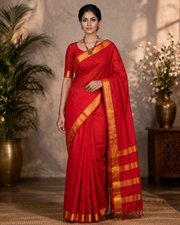 Red Mercerised Saree with Golden Zari Border