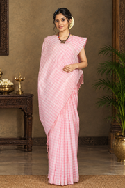 Melon, Pink and White Check Saree