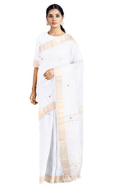 White Mercerised Saree with Goldan Zari and Butis