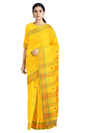 Cyber Yellow Mercerised Saree with Butis and Green, Red Striped Border