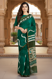 Green and White Batik Print Saree with Golden Zari Border