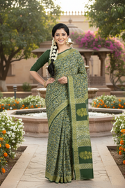 Green and White Dabu Printed Saree
