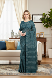 Blue, White and Green Dabu Printed Saree