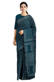 Leaf Patterned Blue, Grey and Off White Dabu Printed Saree