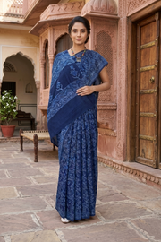 Blue and White Leaf Patterned Dabu Printed Saree