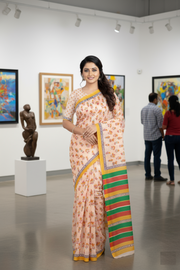 Seashell White, Yellow, Red and Green Sanganeri Hand Block Printed Saree